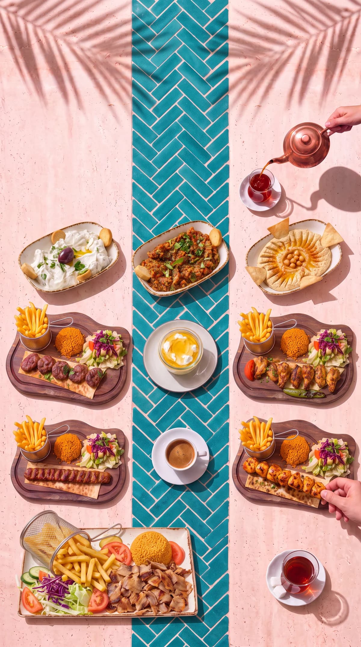 Le menu déjeuner sur la table : entrées, grillades et thé versé de la théière en cuivre.