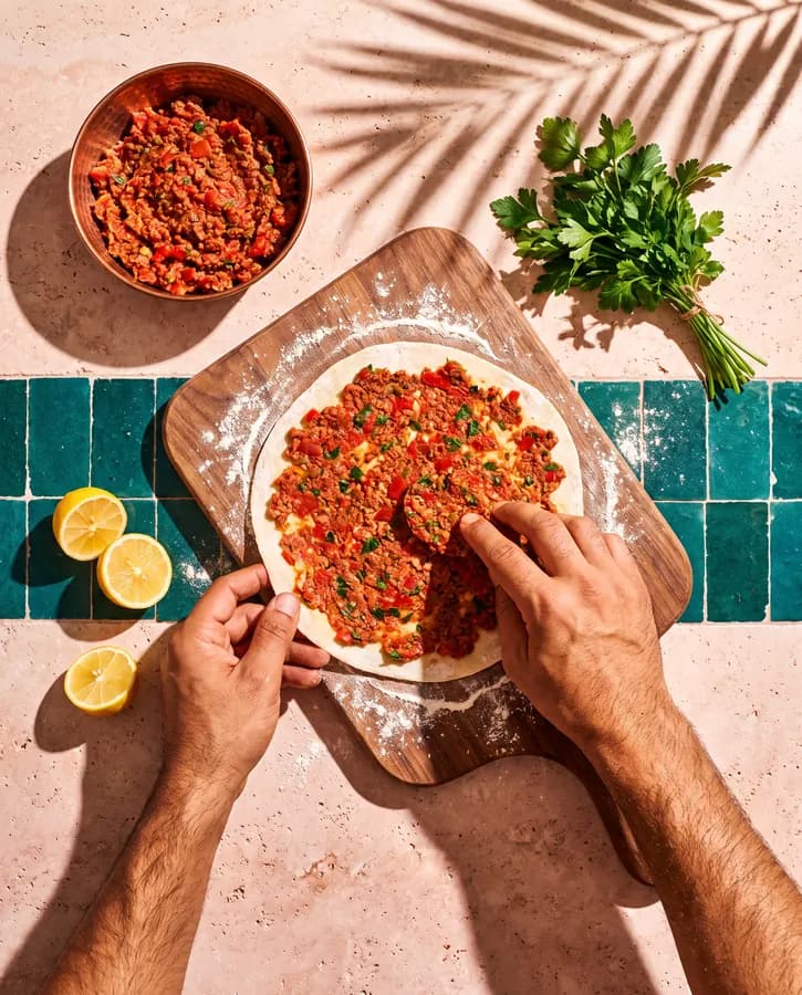 Des mains étalent la farce d'un lahmacun sur une pâte ronde et fine, à côté de citrons et de persil