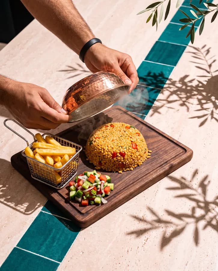 Des mains soulèvent un moule en cuivre sur un dôme de boulgour, à côté de frites et d'une salade