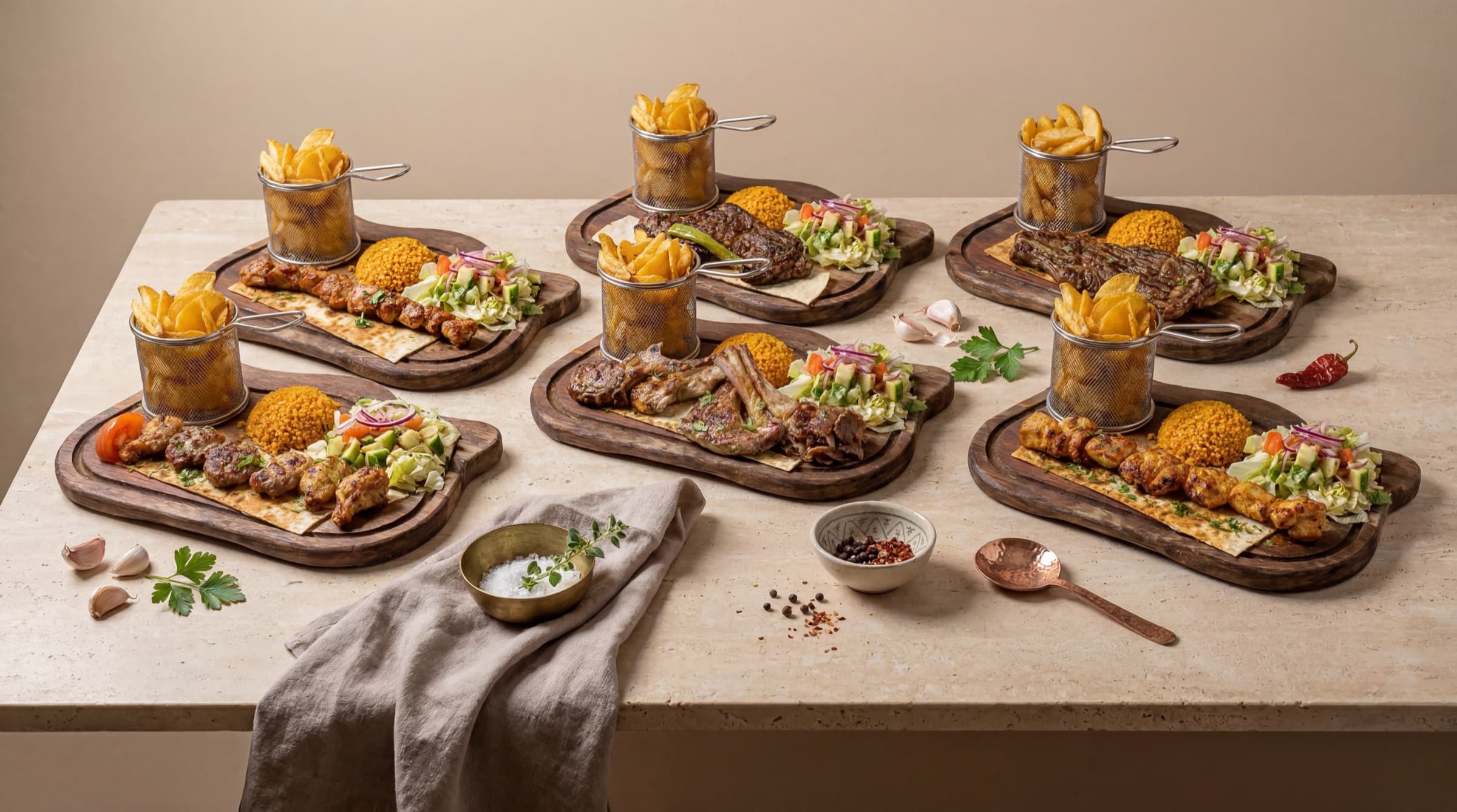 Une table dressée pour six chez Alsogrill : grillades au feu de bois, boulgour, salade et frites