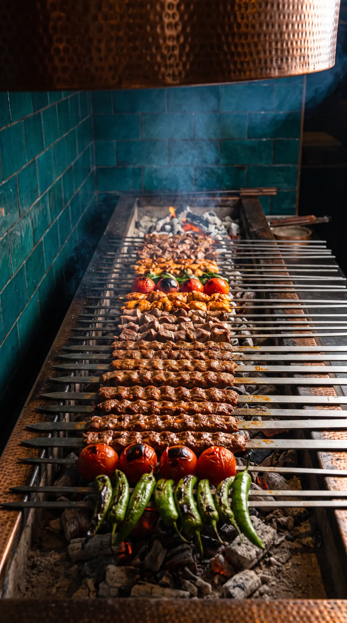 Vue du dessus d’un long grill : brochettes de viande hachée, tomates et piments verts alignés au-dessus des braises.
