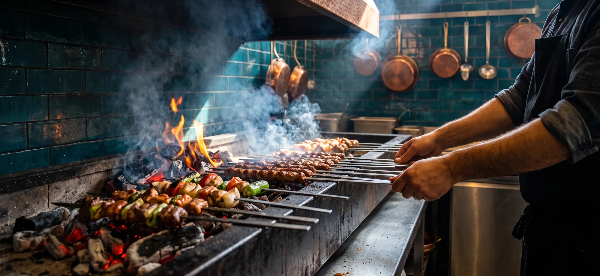 Un grill au charbon de bois sous une hotte en cuivre martelé, des brochettes sur la braise et des casseroles en cuivre contre un mur de carreaux verts.