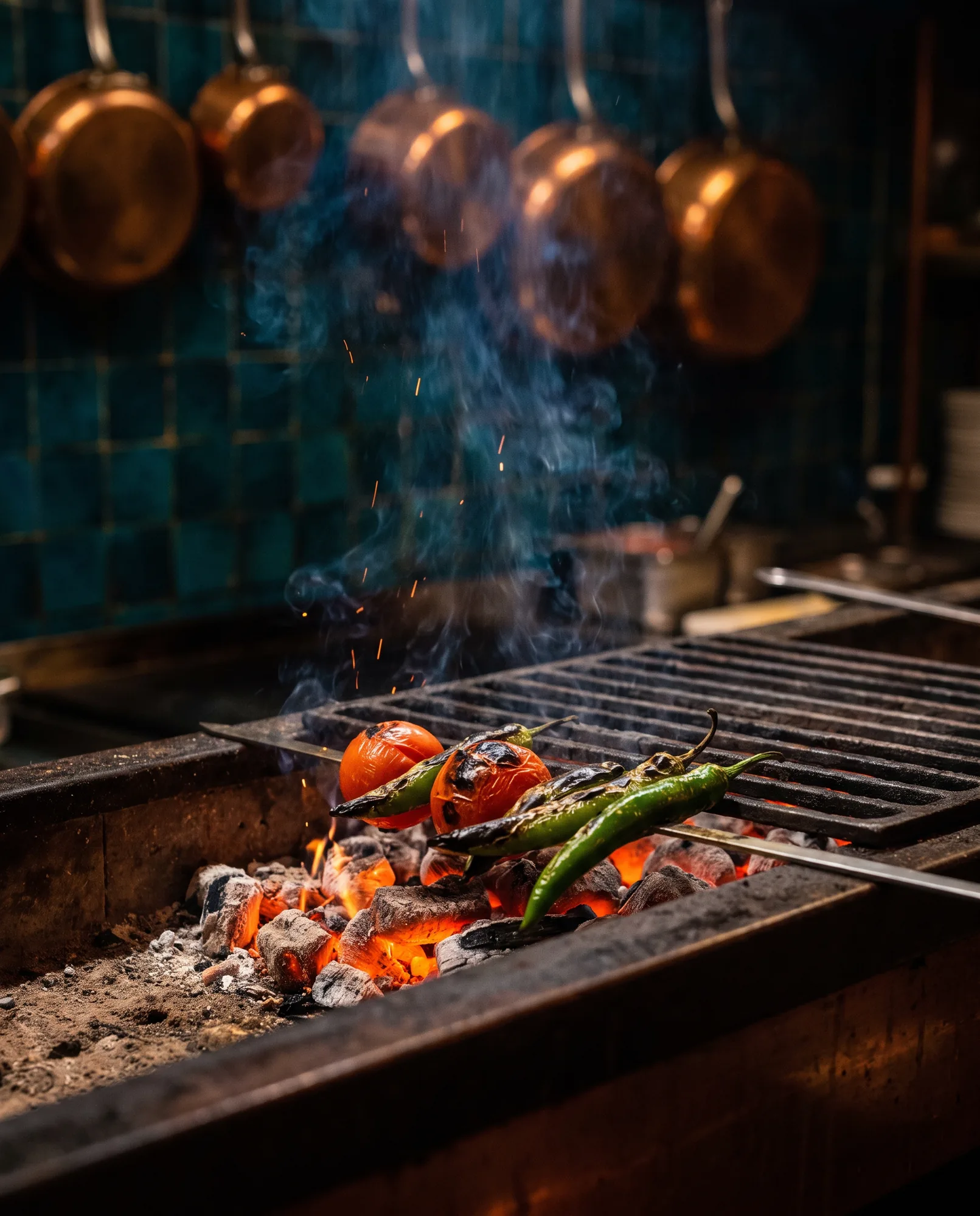 Des tomates et de longs piments verts noircissent sur une grille posée au-dessus de braises rougeoyantes.