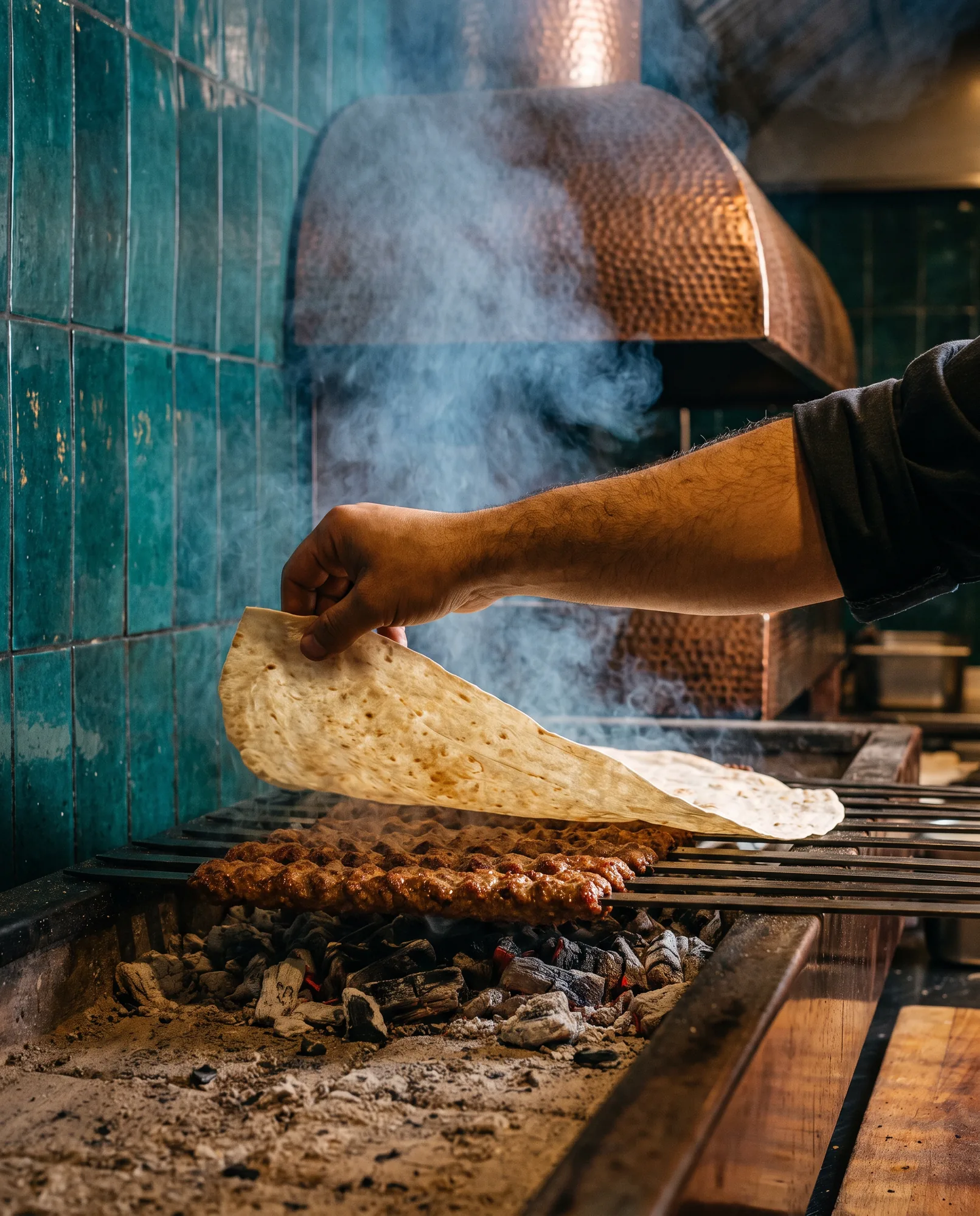 Une main pose une grande galette de pain fin sur des brochettes qui grillent, dans la fumée.
