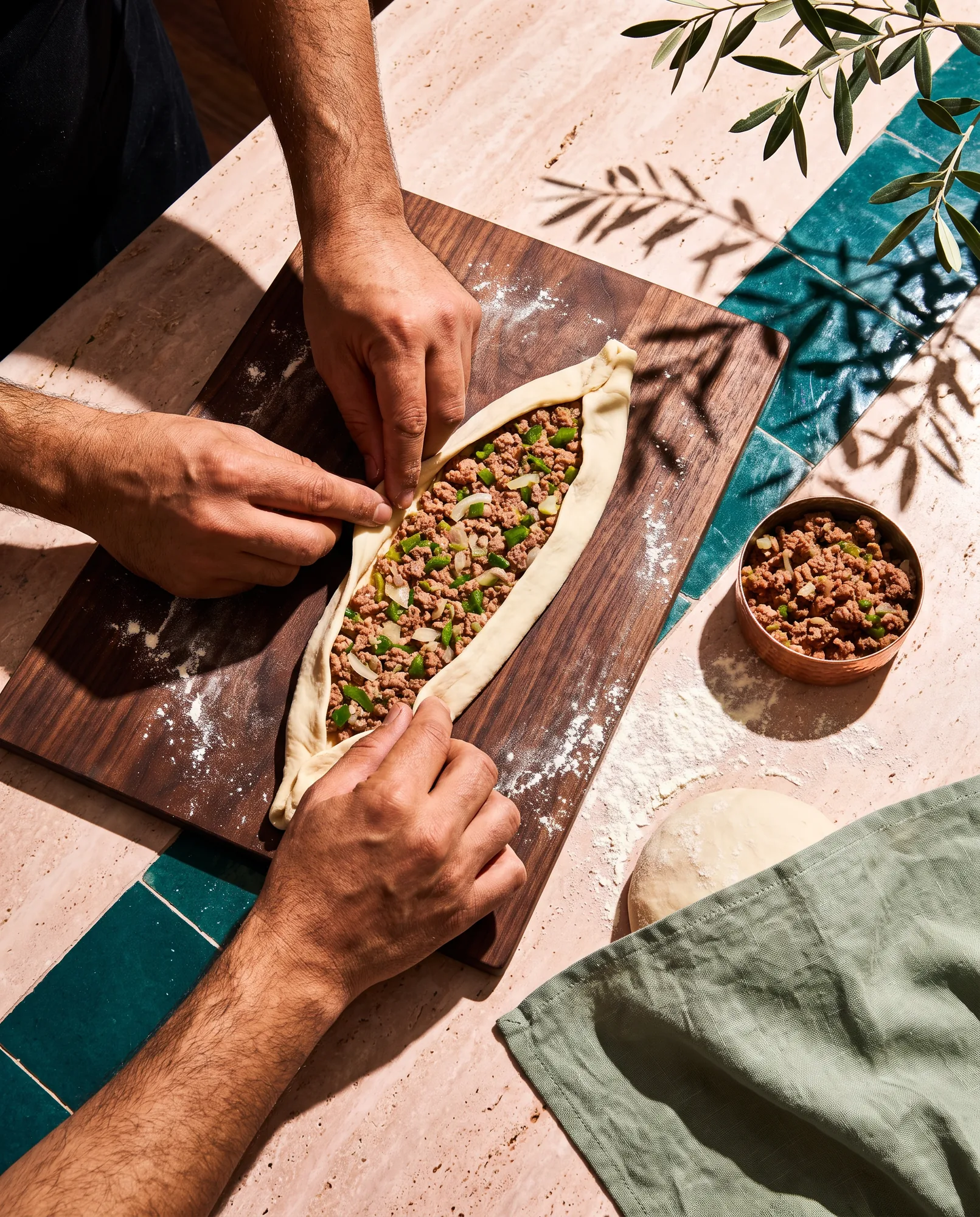 Des mains referment les bords d’une pâte en forme de barque, garnie de viande hachée, sur une planche en bois au soleil.