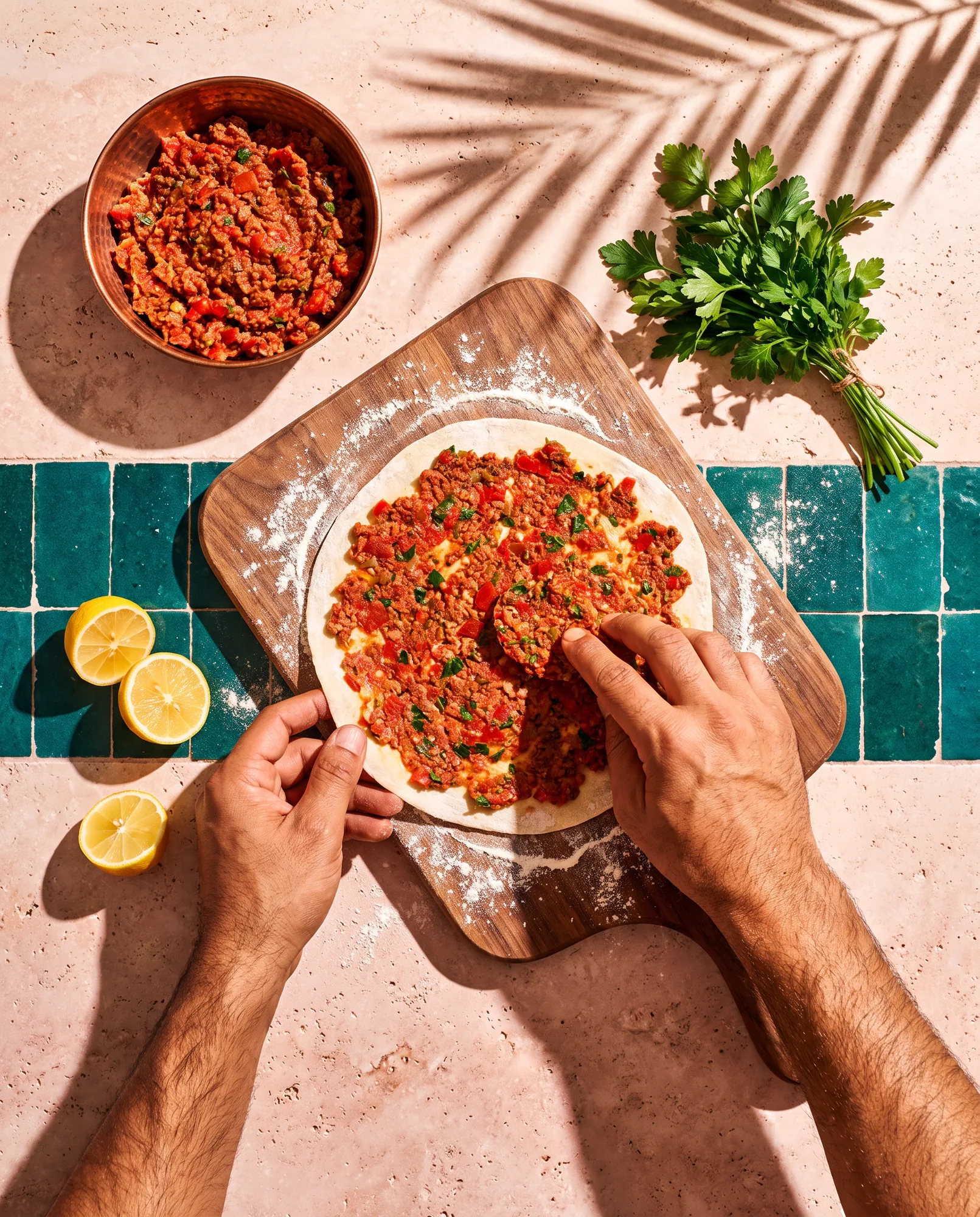 Des mains étalent une garniture rouge de viande hachée sur une pâte ronde et fine, à côté d’un bol de garniture, de persil et de citron.