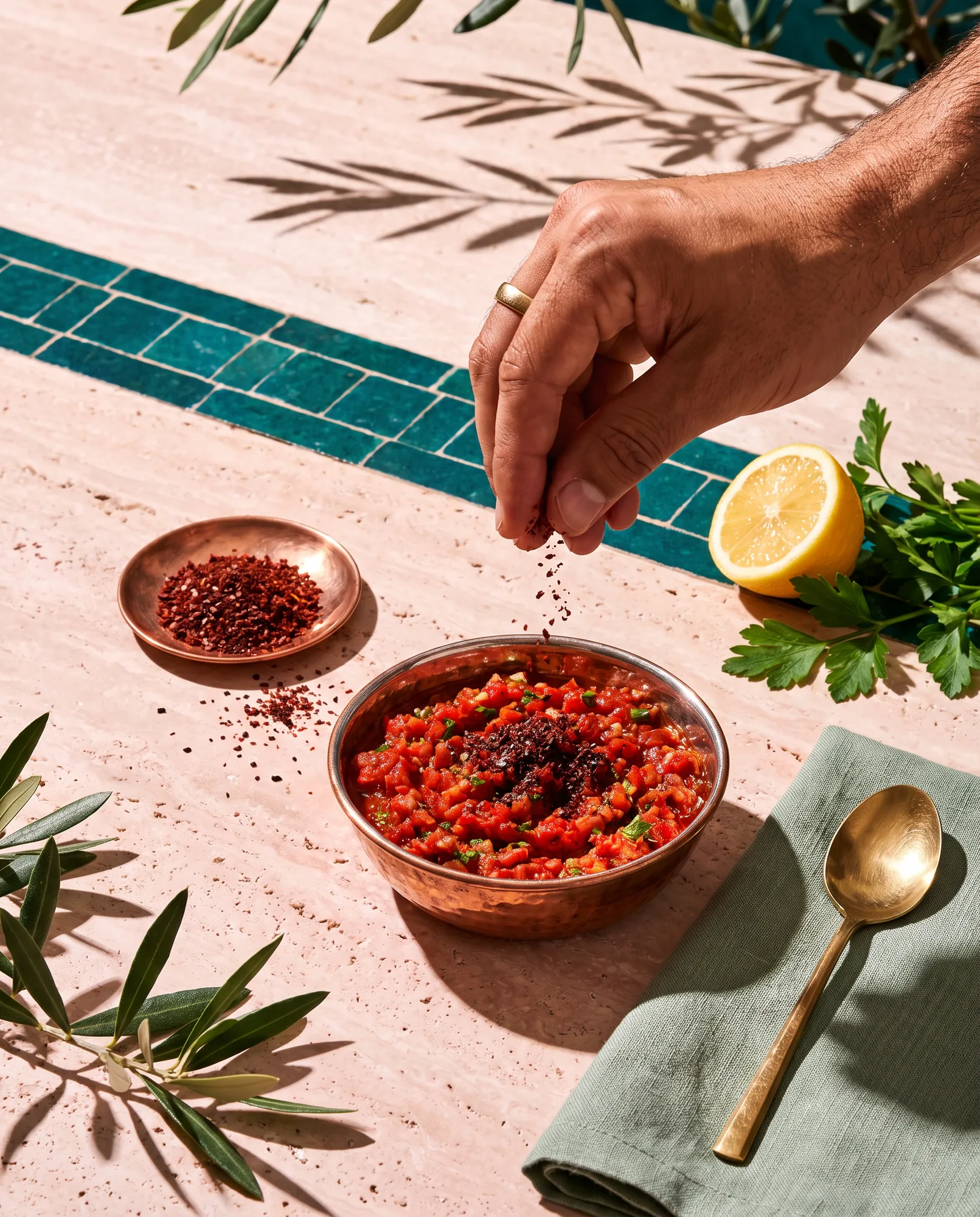 Une main saupoudre des flocons de piment sur un bol d’ezme, à côté d’un citron et de persil.