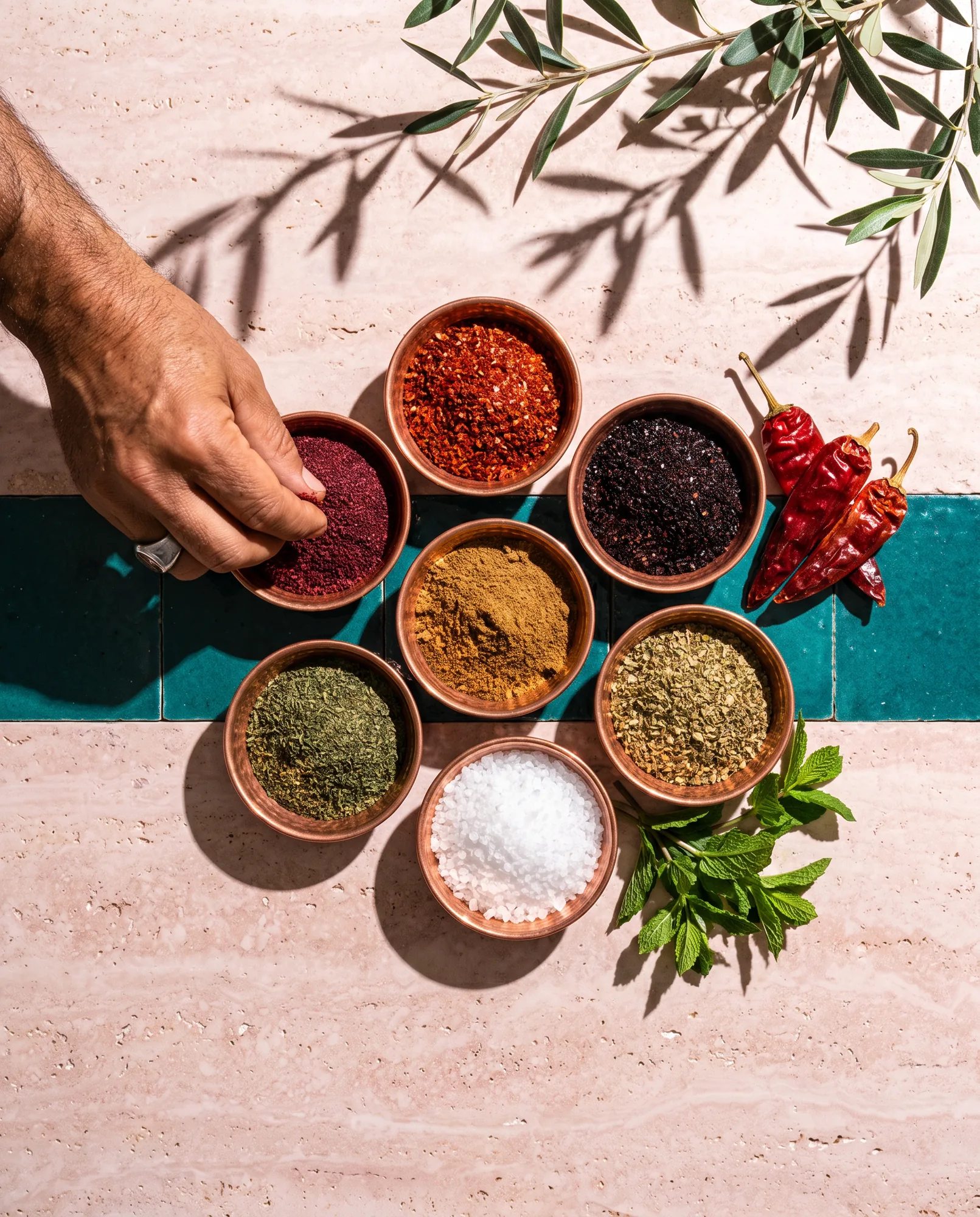 Des coupelles d’épices en cuivre sur une table claire ; une main y prend une pincée de sumac.