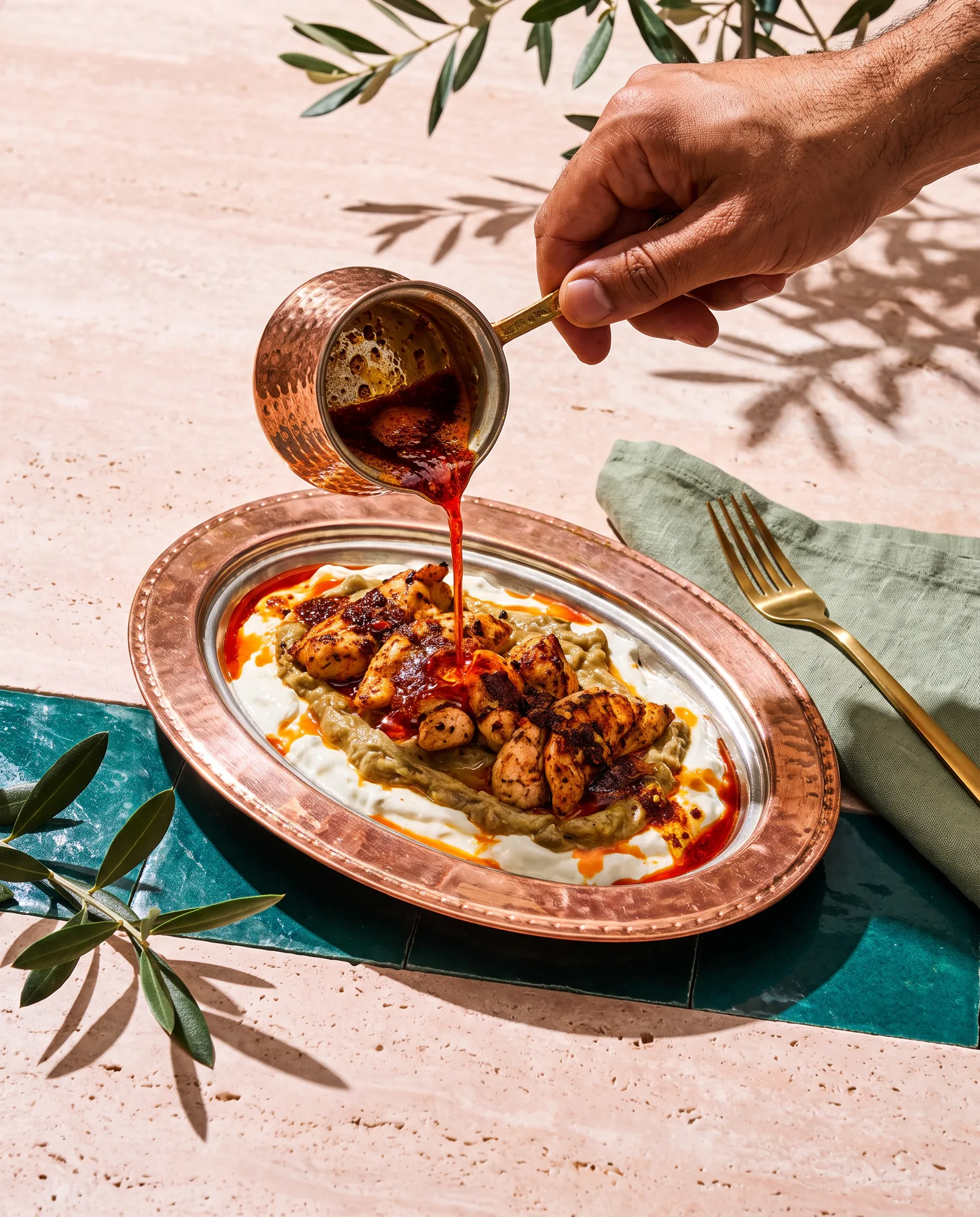 Une petite casserole en cuivre verse un filet de sauce rouge sur des morceaux de poulet posés sur du yaourt, dans un plat en cuivre.