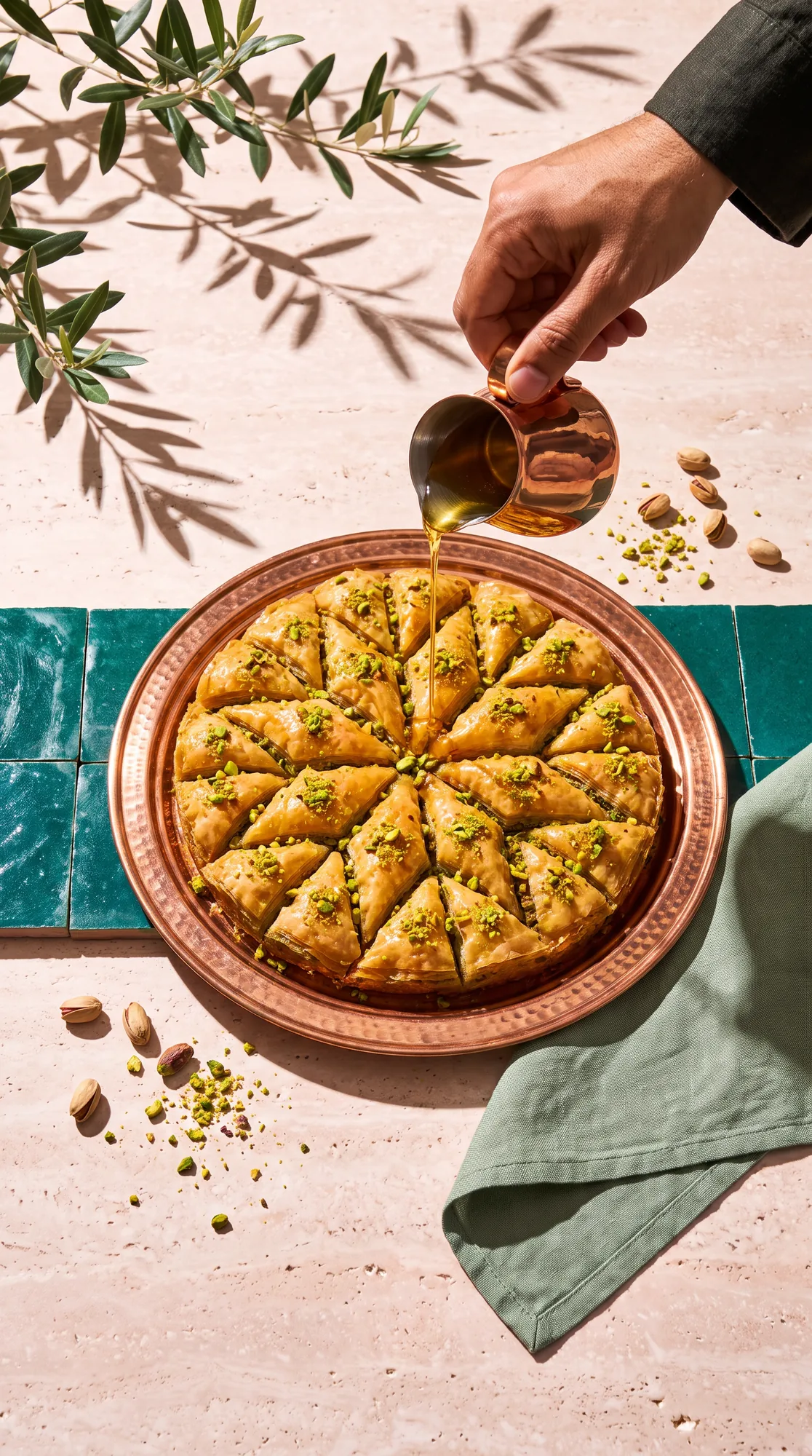 Une main verse un filet doré sur un plateau rond de baklava parsemé de pistache.