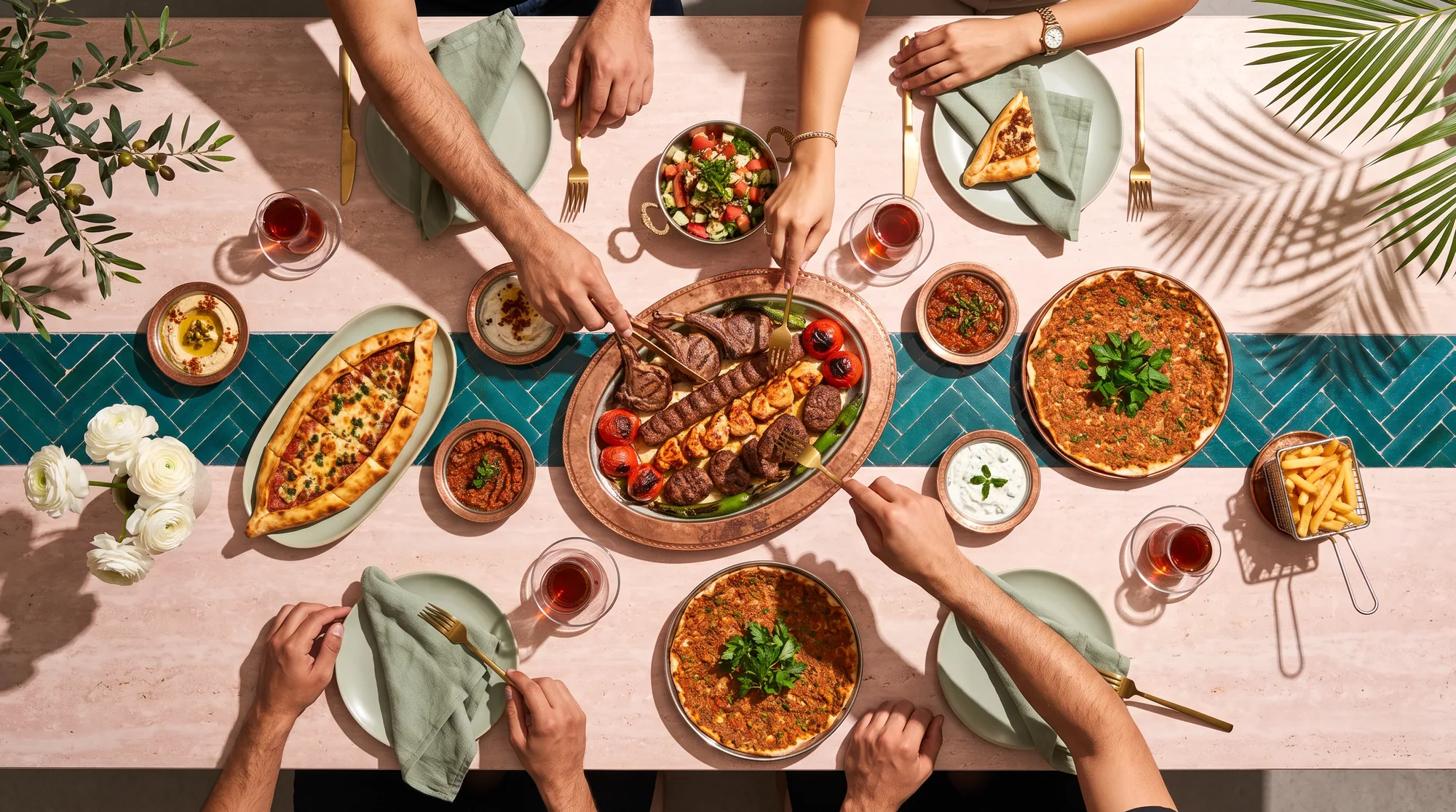 Vue du dessus d’une longue table partagée : pide, grillades, mezzés et verres de thé, et des mains qui se servent.